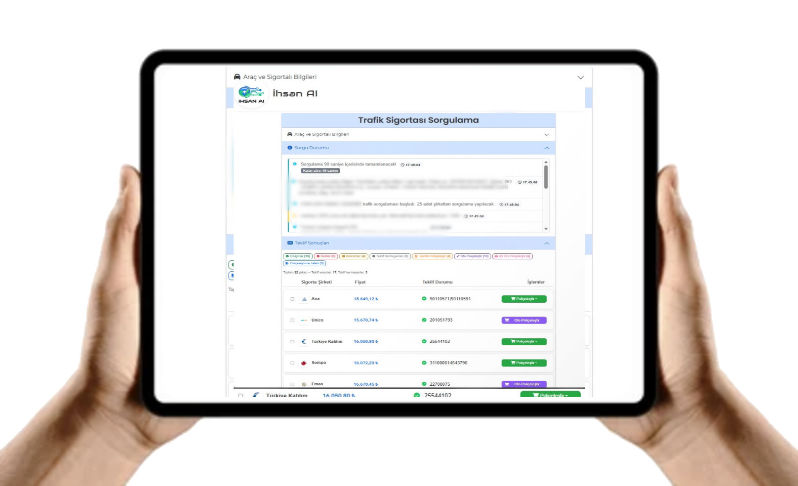 Otonom Agent — tablette İhsan AI Trafik Sigortası sorgulama ekranı