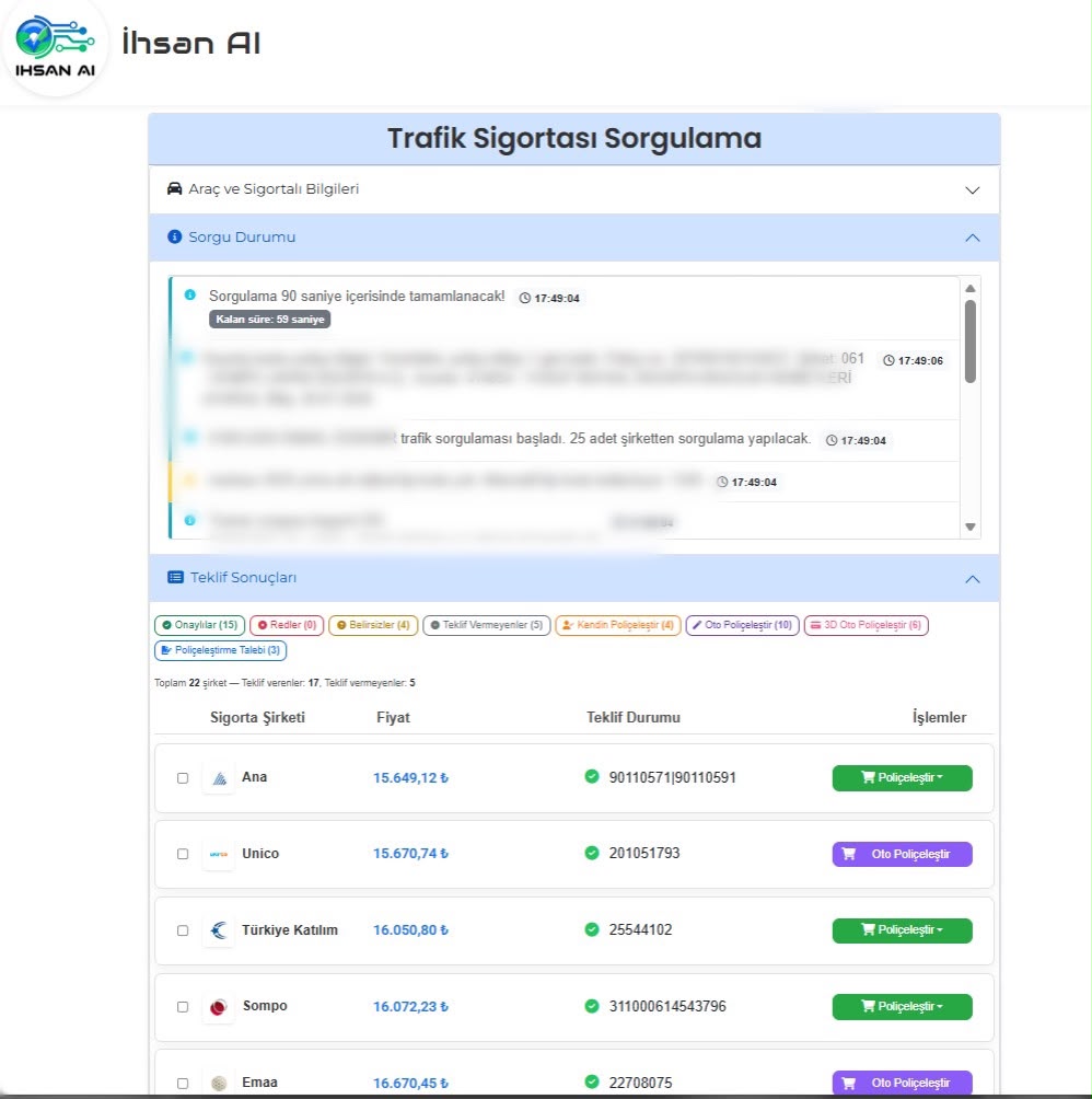 İhsan AI — Trafik Sigortası Sorgulama ekranı